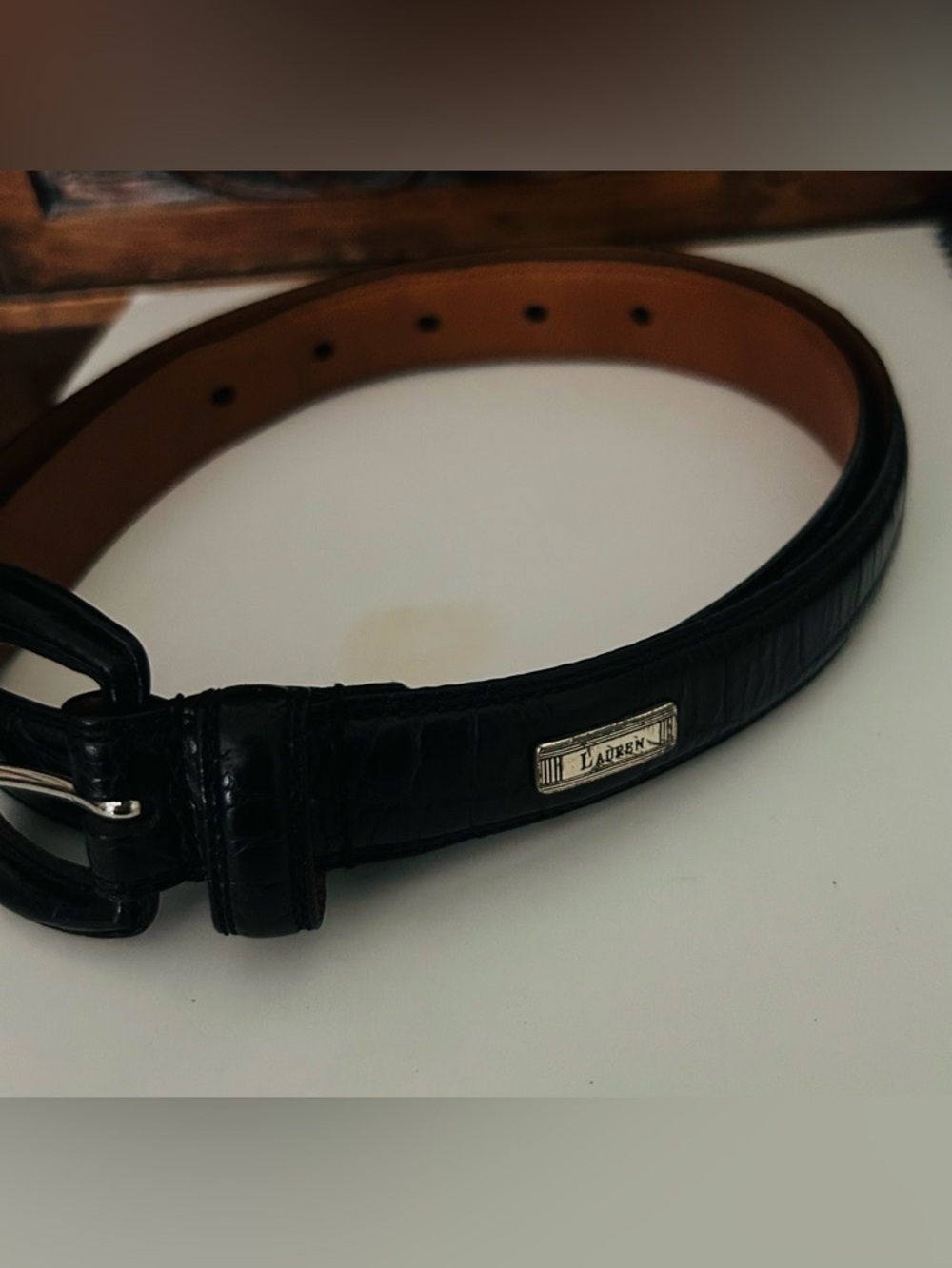 Ralph Lauren Black Croc-Embossed Leather Belt with Logo Plate